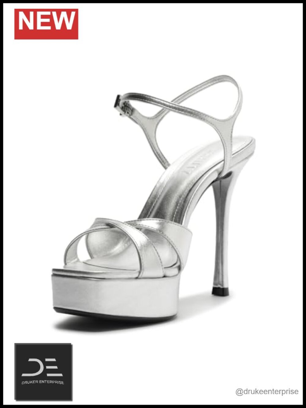 Metallic Silver Platform Heeled Sandals Ankle Strap Evening Glamour